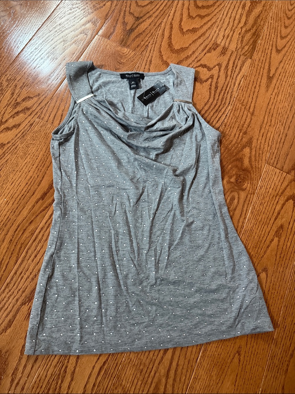 White House Black Market Gray Sleeveless Draped Neck Tank with Rhinestone Dots